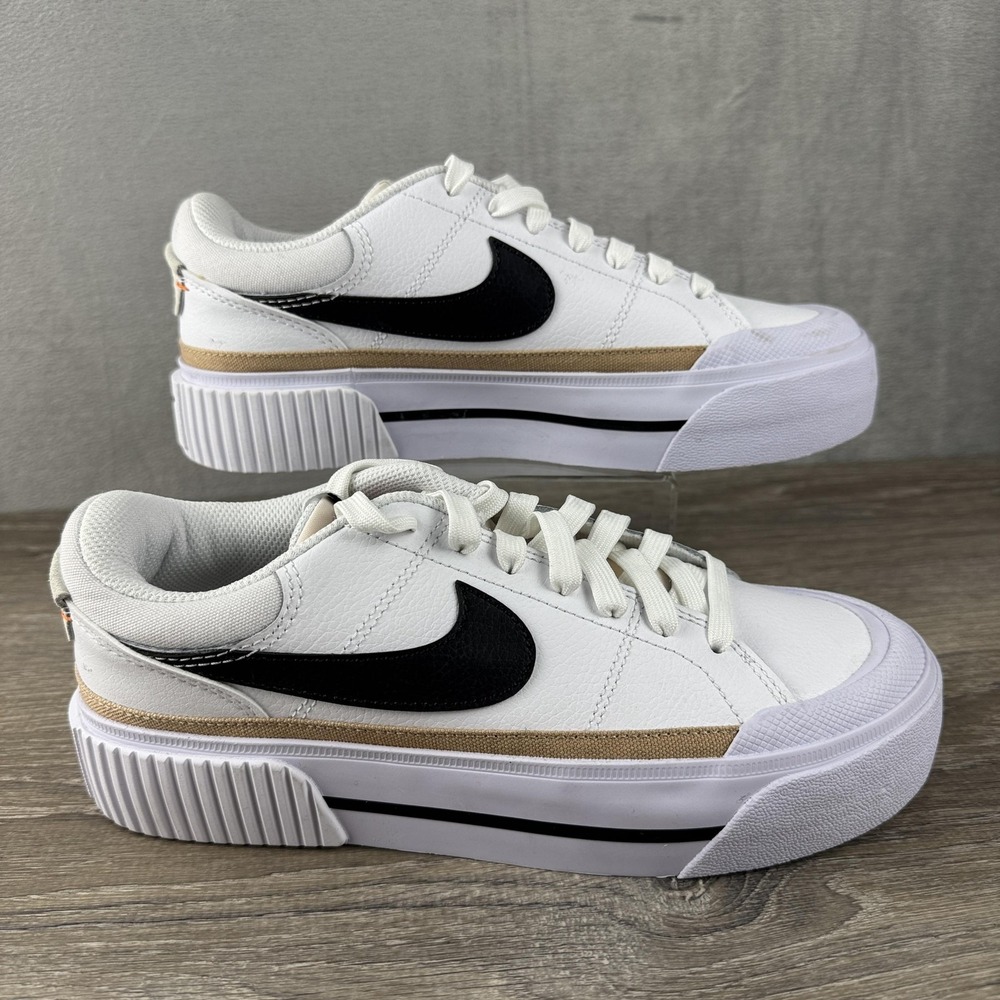 Nike Low Platform Shoes Court Legacy 7 White Black Hemp Sneakers DM7590-100